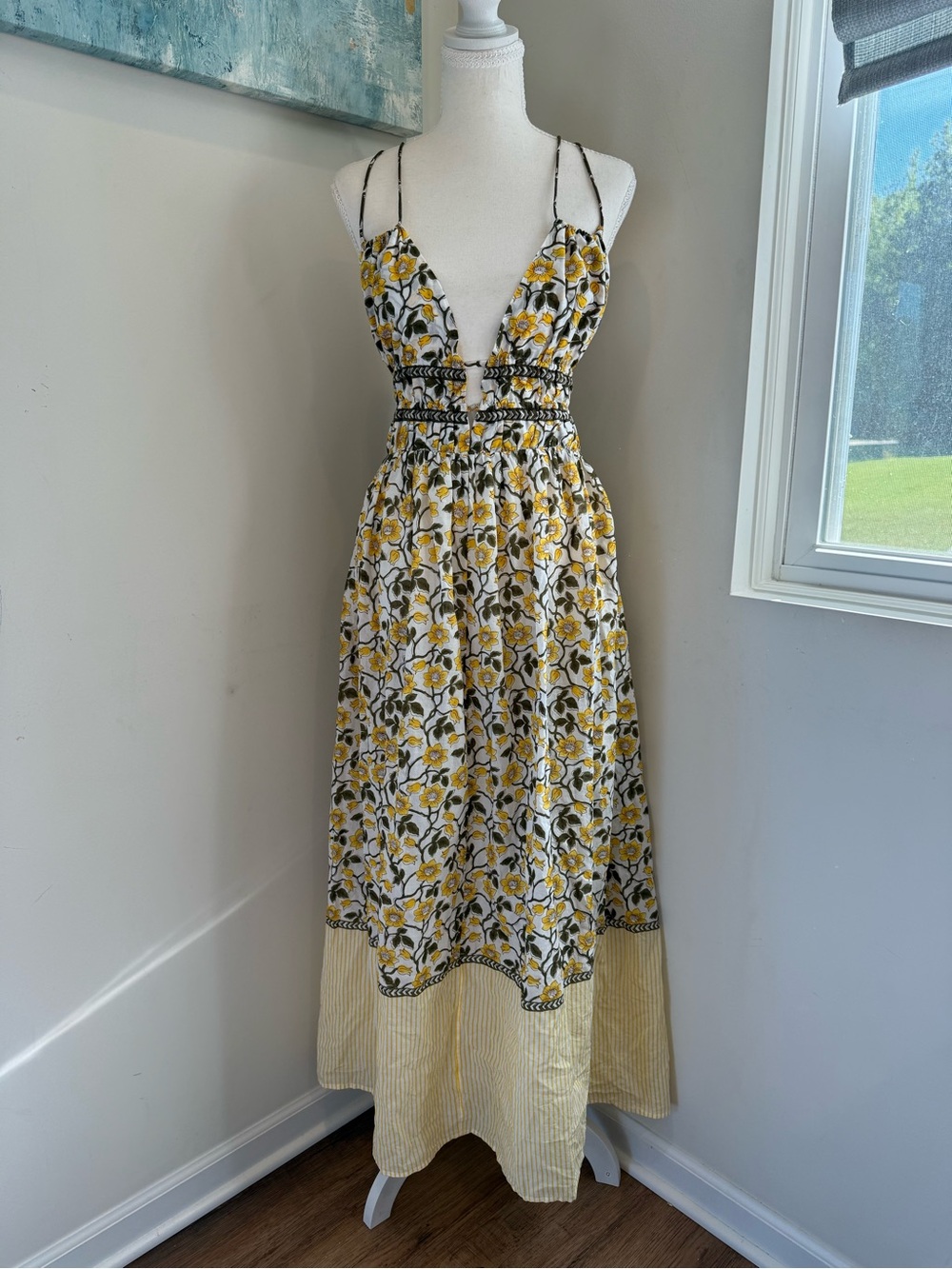 J. Crew Yellow Floral V-Neck Maxi Dress with Striped Hem Size M